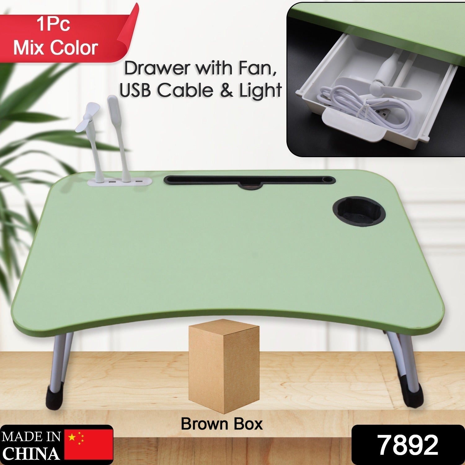 7892 MultiPurpose Study Table Foldable Portable Notebook Bed Lap Desk Tray Stand Reading Holder with Coffee Cup Slot, Drawer, Fan, USB Cable & Light for Breakfast, Reading & Movie Watching (1 Pc Mix Color) 7892 MultiPurpose Study Table Foldable Portable Notebook Bed Lap Desk Tray Stand Reading Holder with Coffee Cup Slot, Drawer, Fan, USB Cable & Light for Breakfast, Reading & Movie Watching (1 Pc Mix Color)